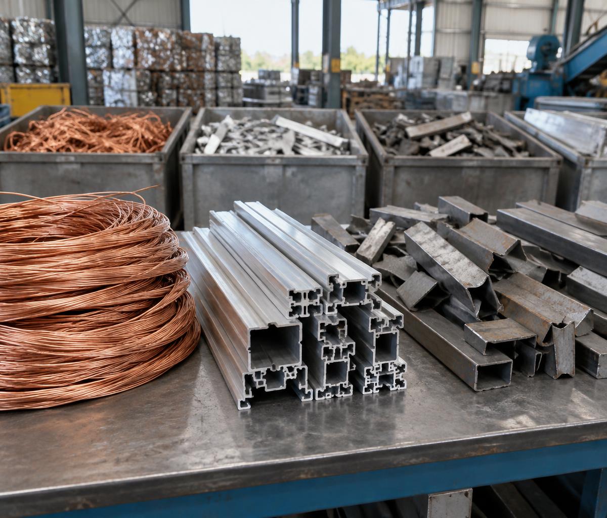 Sorted copper wire, aluminium lengths, and iron and steel scrap